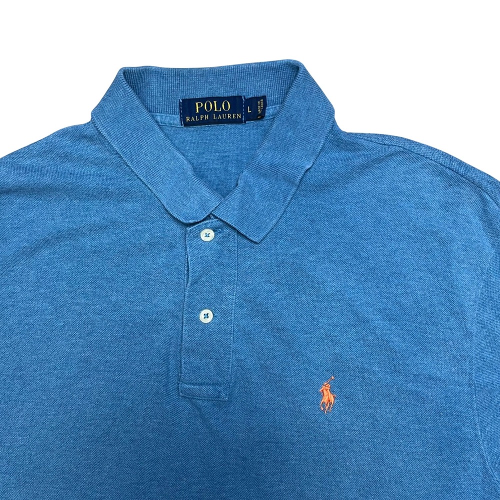 Polo Ralph Lauren Polo Shirt Mens Large Blue Orange Pony Logo Short Sleeve Pique